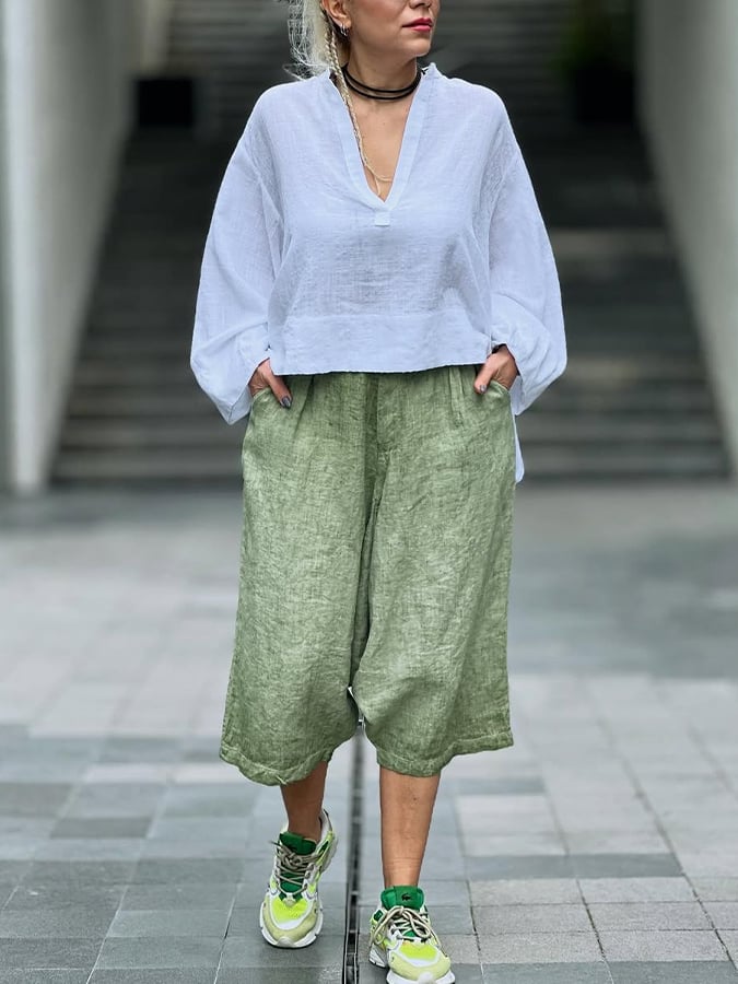 Women's Casual Solid Color V-Neck Long Sleeve Loose Top Cropped Shorts Set