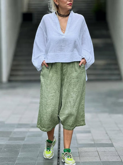 Women's Casual Solid Color V-Neck Long Sleeve Loose Top Cropped Shorts Set