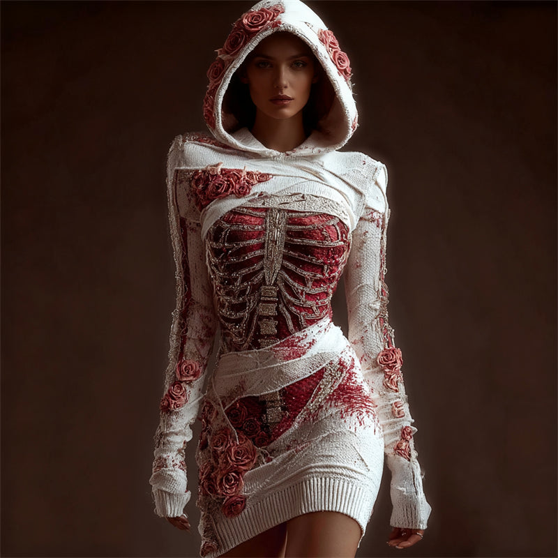 Classy Skeleton Anatomy Bloody Roses Bandages Hooded Sweater Dress