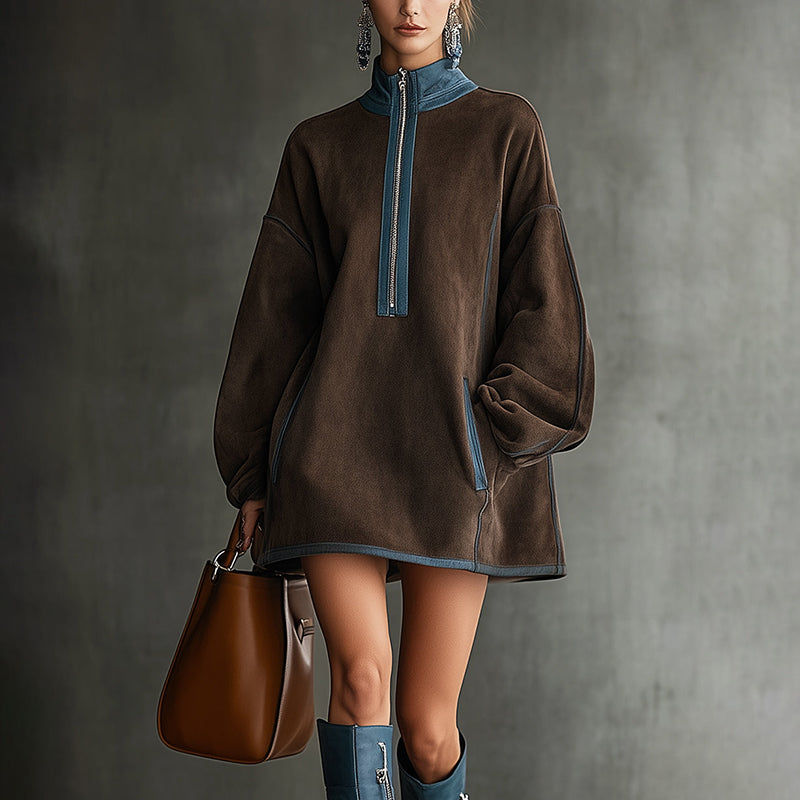 Women's Autumn And Winter Western Retro Suede Fabric Loose Casual Stand Collar Zipper Decoration Dress
