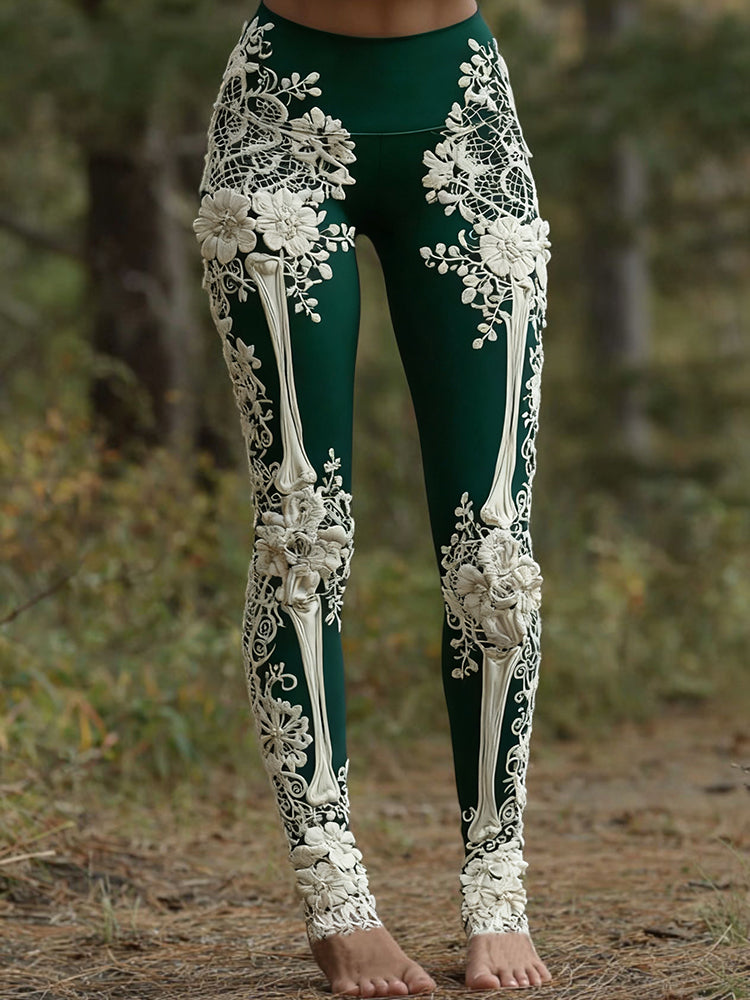 Women's Vintage Halloween Skeleton & Rose Lace Art Leggings