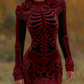 Women's Vintage Halloween Skeleton Bones With Rose Art Cozy Knit Mini Sweater Dress