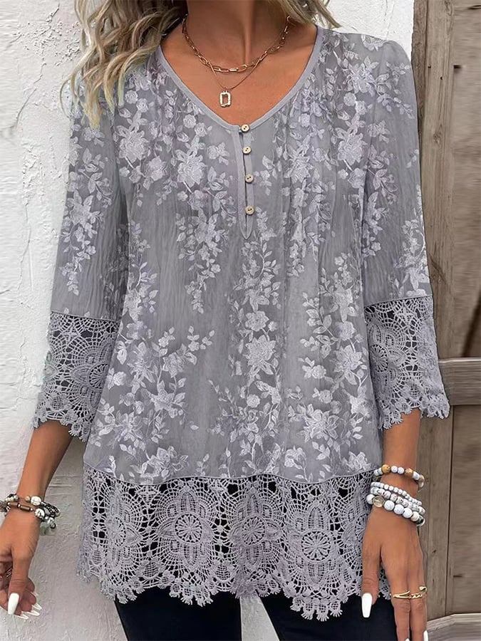 Women's Casual Lace Print Button Top