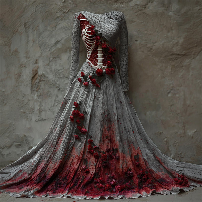 Halloween Bloody Red Roses Skeleton Lace Linen Maxi Dress