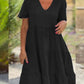 Ladies Solid Color V-Neck Wide Swing Casual Dress