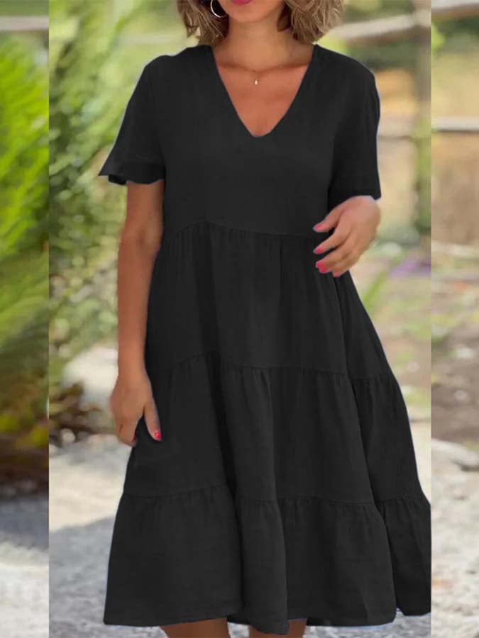 Ladies Solid Color V-Neck Wide Swing Casual Dress