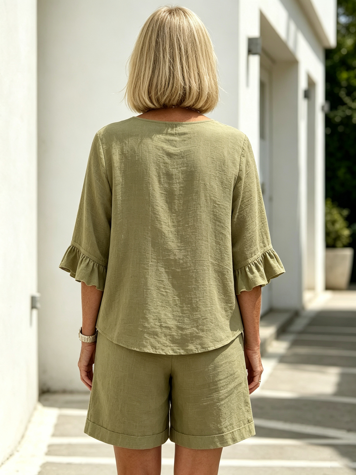 Women Solid Color Casual Shorts Two-Piece Pants Set, Woven Textured Faux Linen Matching Outfit, V-Neck Single Row Wooden Button Blouse With Ruffle Flared 5/7 Length Flutter Sleeves, Loose Relaxed Fit Elastic Waist Knee-Length Bermuda Three Point Shorts Wi