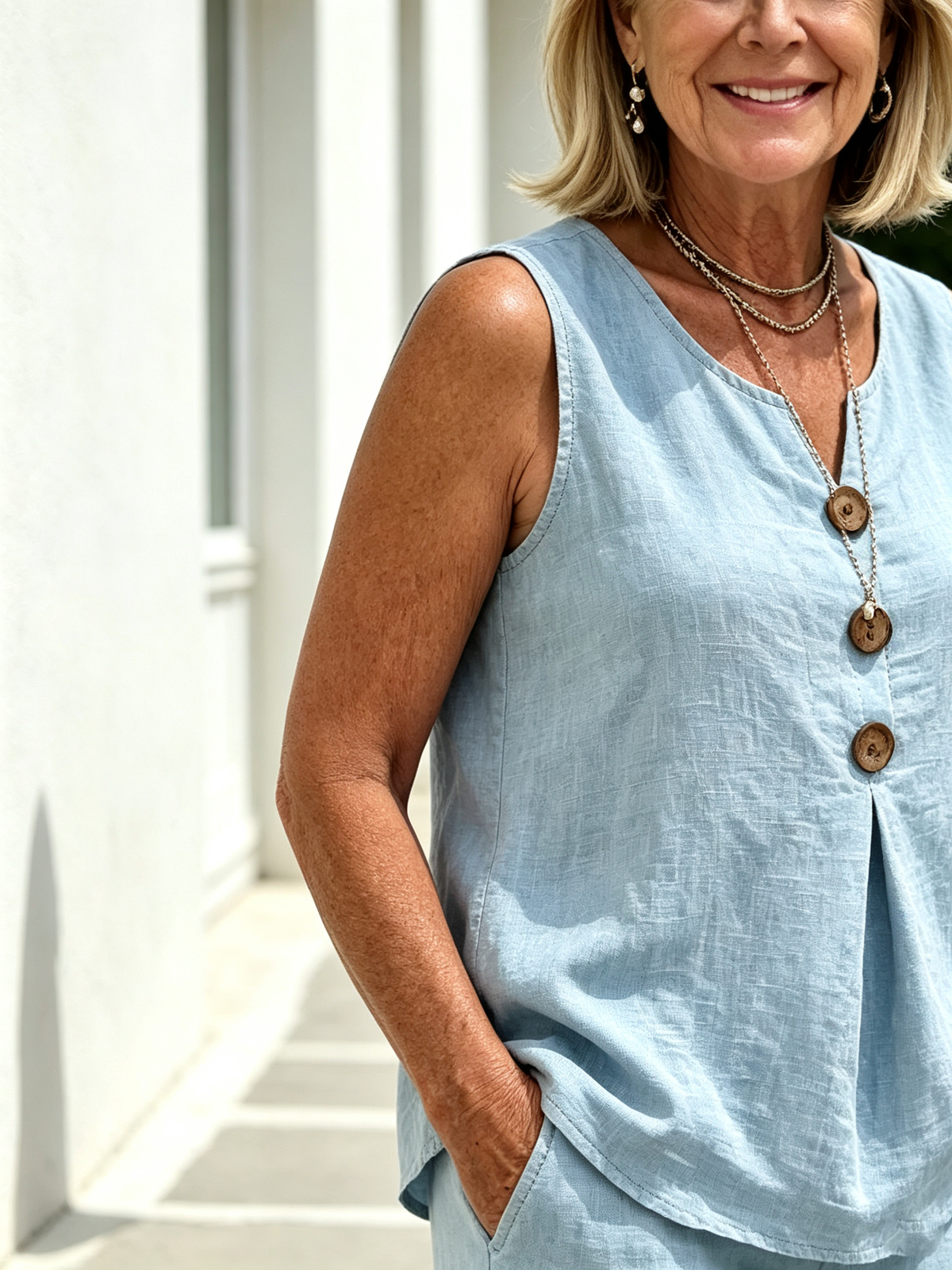 2Pcs Cotton and Linen V-neck Button Sleeveless Vest Top Set Two-piece Set