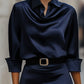 Elegant Satin Draped-Collar Midi Dress With Black Belt