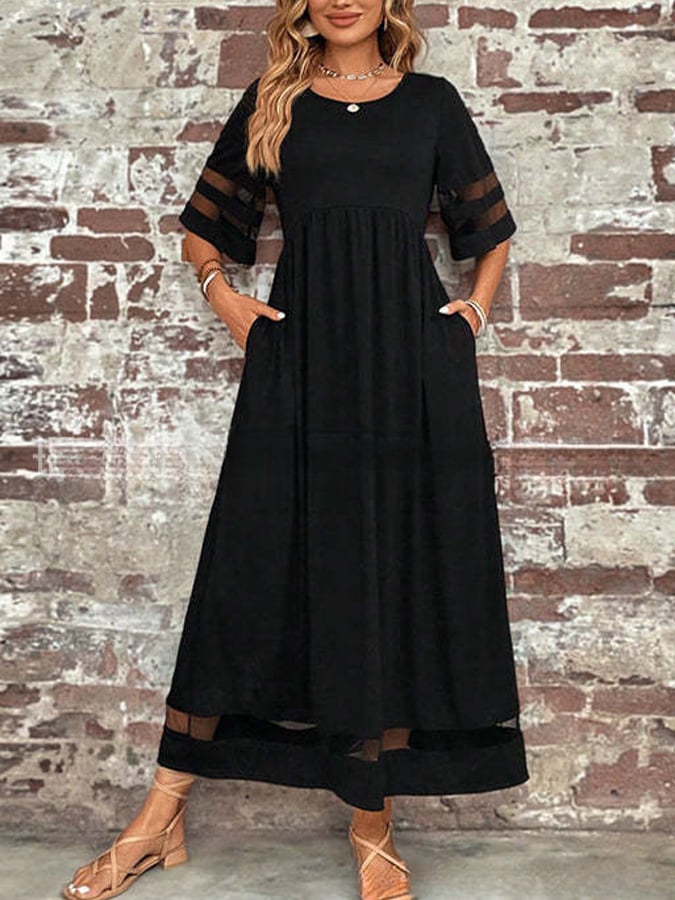 Women'S Casual Five-Quarter Sleeve Mesh Round Neck Patchwork Pocket Dress