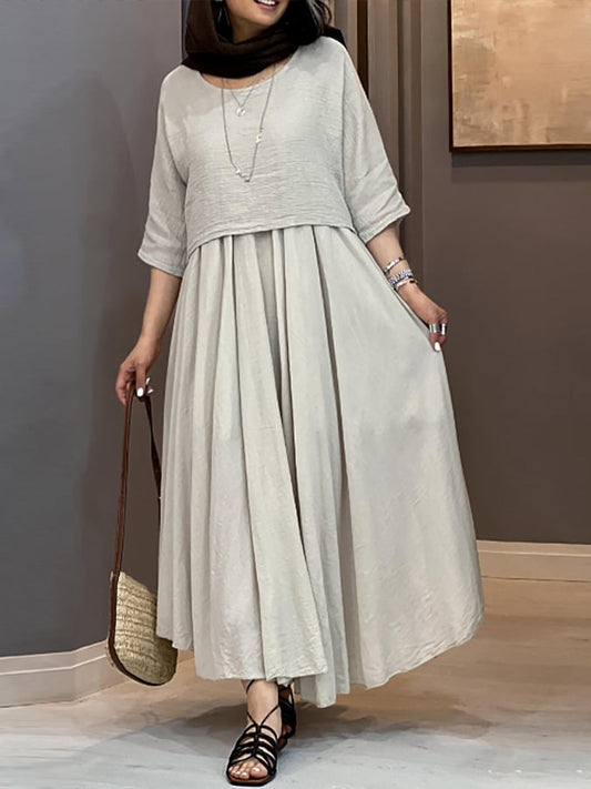 Women's Casual Solid Color Round Neck Three-quarter Sleeve Spliced Cotton and Linen Dress