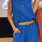 Women's Casual Solid Color Round Neck Vest Trousers Cotton and Linen Two-piece Set