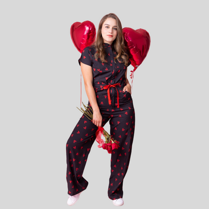 Women's Red Heart Print Flare Leg Scrub Jumpsuit