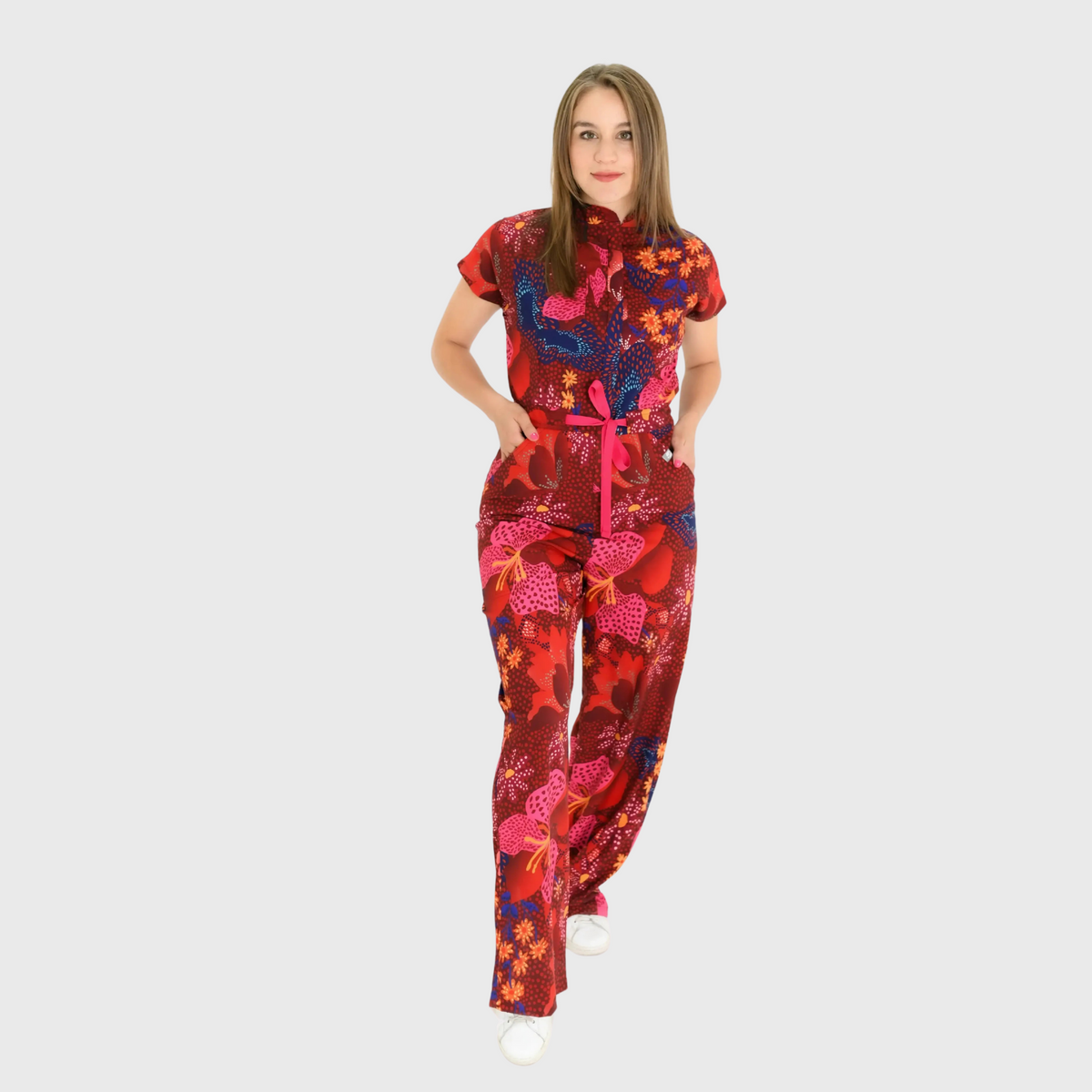 Women's Loose Fit Wide Leg Blossom Print Scrub Jumpsuit