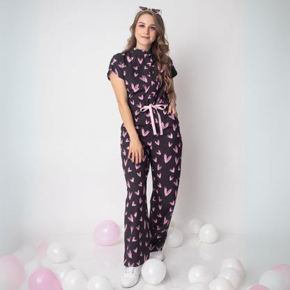 Women's Pink Heart Print Flare Scrub Jumpsuit Jog008