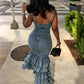 Washed Denim Overalls Deep V-Neck Multi Layered Ruffle Maxi Dress