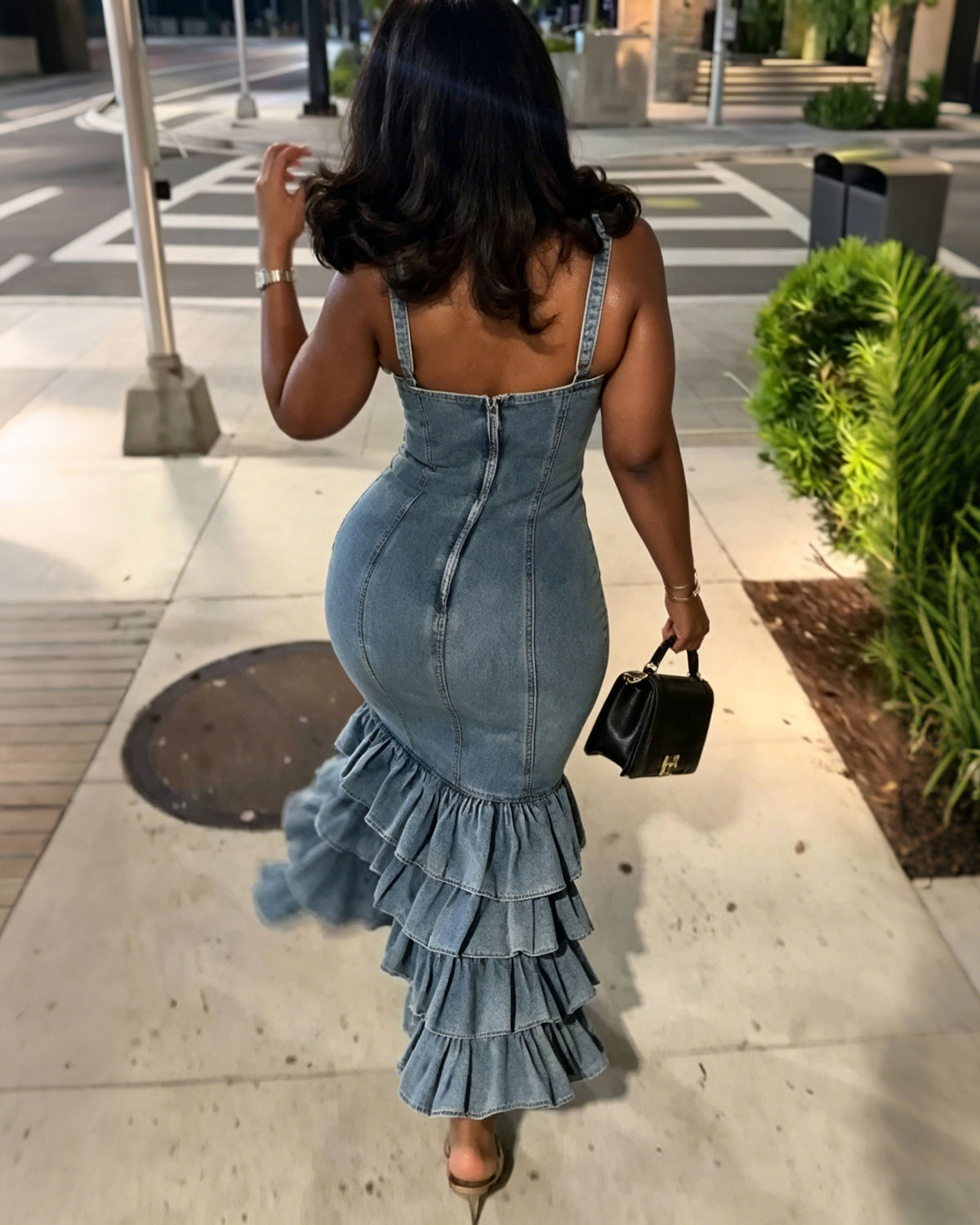 Washed Denim Overalls Deep V-Neck Multi Layered Ruffle Maxi Dress