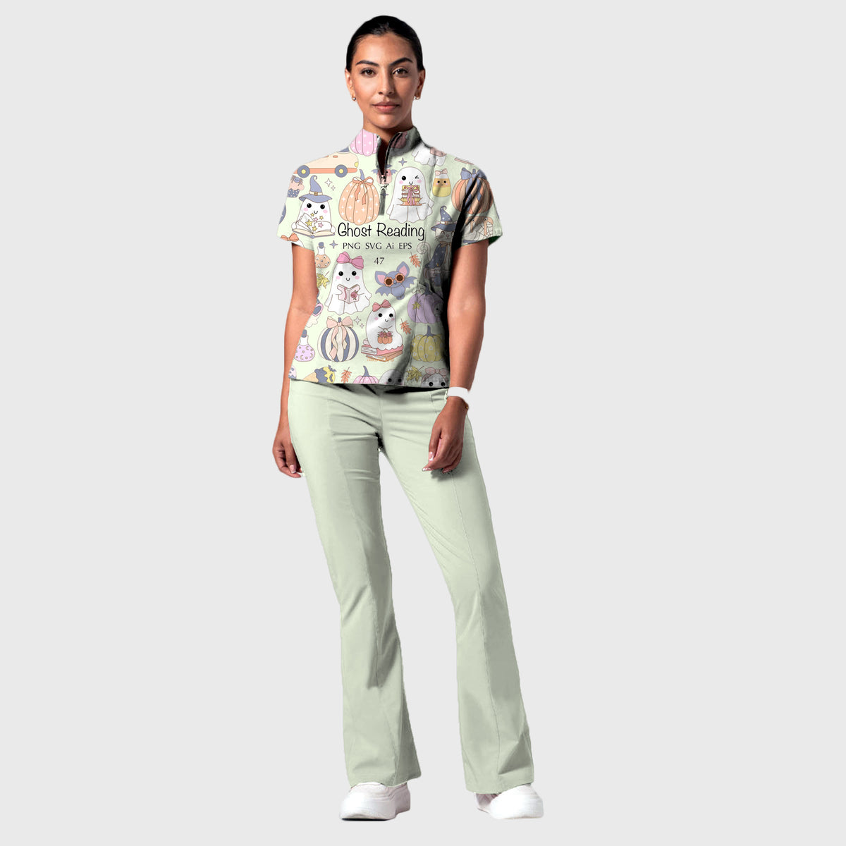 Women's Stand-Up Tie Zipper Halloween Printed Scrub Set ST9126