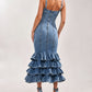 Washed Denim Overalls Deep V-Neck Multi Layered Ruffle Maxi Dress