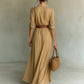 Ladies Lapel Long Sleeve Shirt Belted Maxi Dress