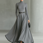 Women's Black Stitching White Trim High Collar Long Sleeve Tight Belt Maxi Dress