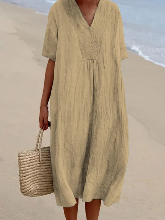 Loose Short Sleeved Solid V-Neck Dress