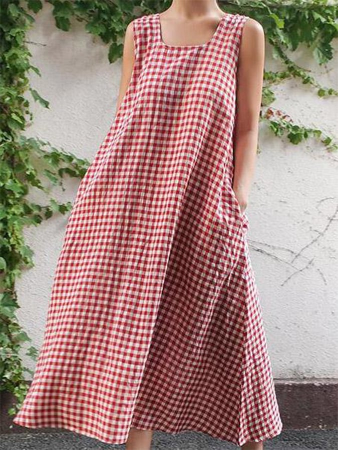 Women'S Loose Plaid Pocket Sleeveless Dress