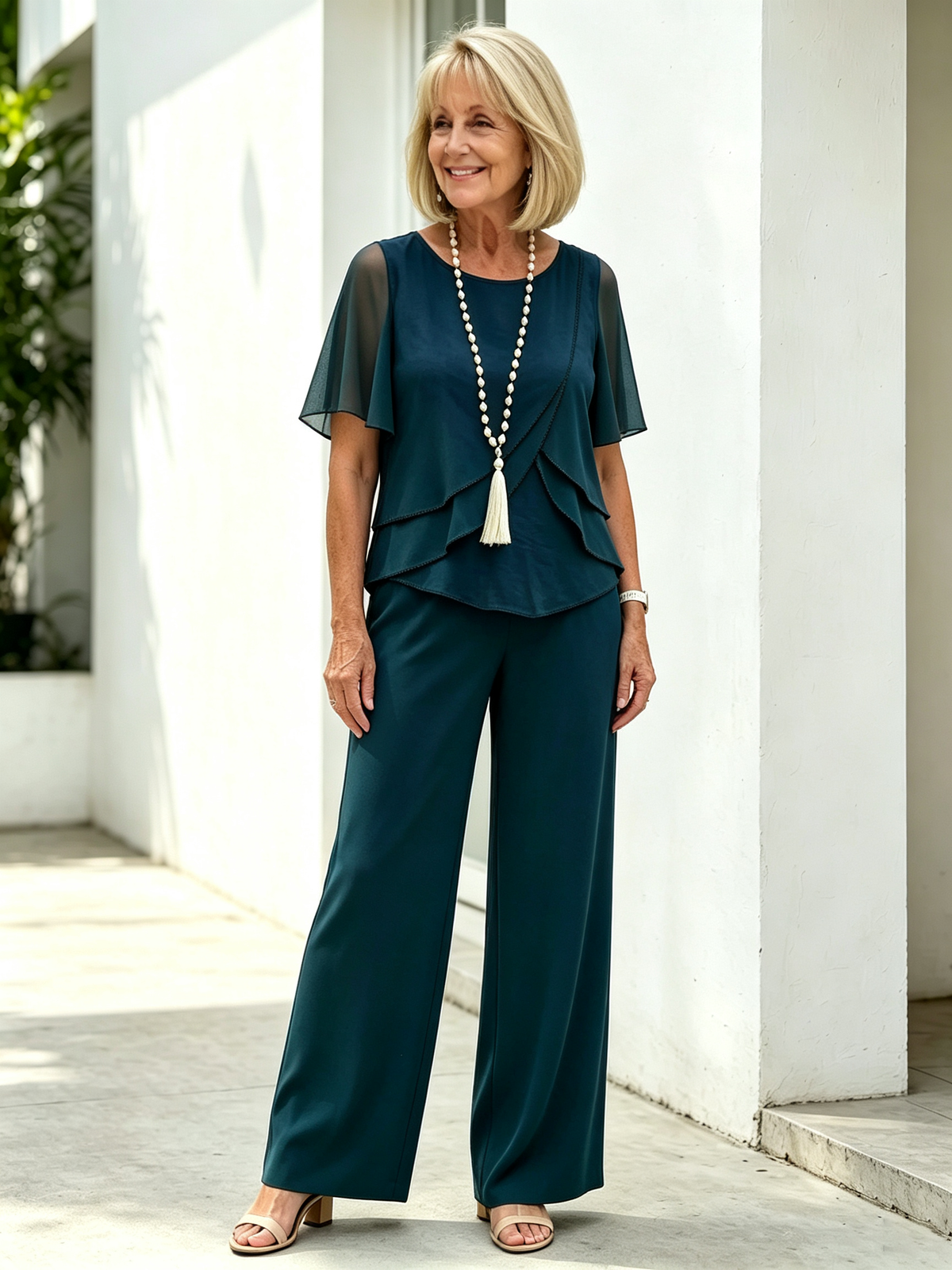 2 Piece Outfit Set, Round Neck Chiffon Flutter Short Sleeve Top, Multi-layer Ruffled Irregular Hem, High Waist Straight Wide Leg Long Trousers, Lightweight Sheer Fabric, Elegant Flowy Pant Suit for Wedding Guest and Formal Occasions