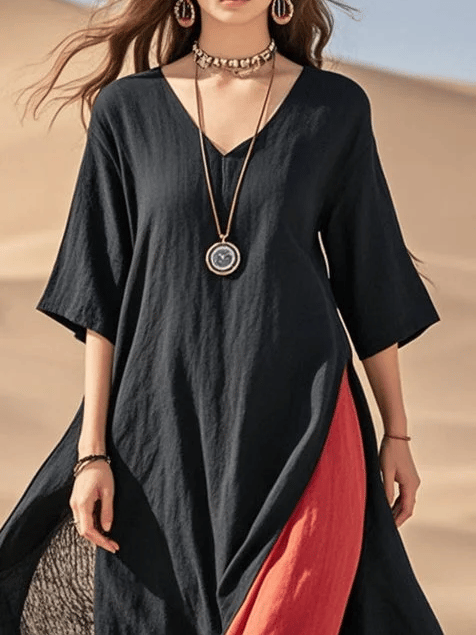 Women's V-Neck Contrast Asymmetric Cotton Dress