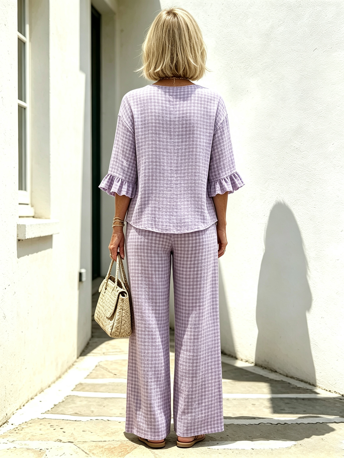 Women Elegant Linen Blend Plaid Two-Piece Casual Pant Set, Woven Textured Gingham Check Pattern Matching Outfit, Notch V-Neck Three Wooden Button Front Top With Ruffle Flared 7/4 Length Bell Flounce Sleeves, Loose High Waist Wide Leg Full Length Trousers