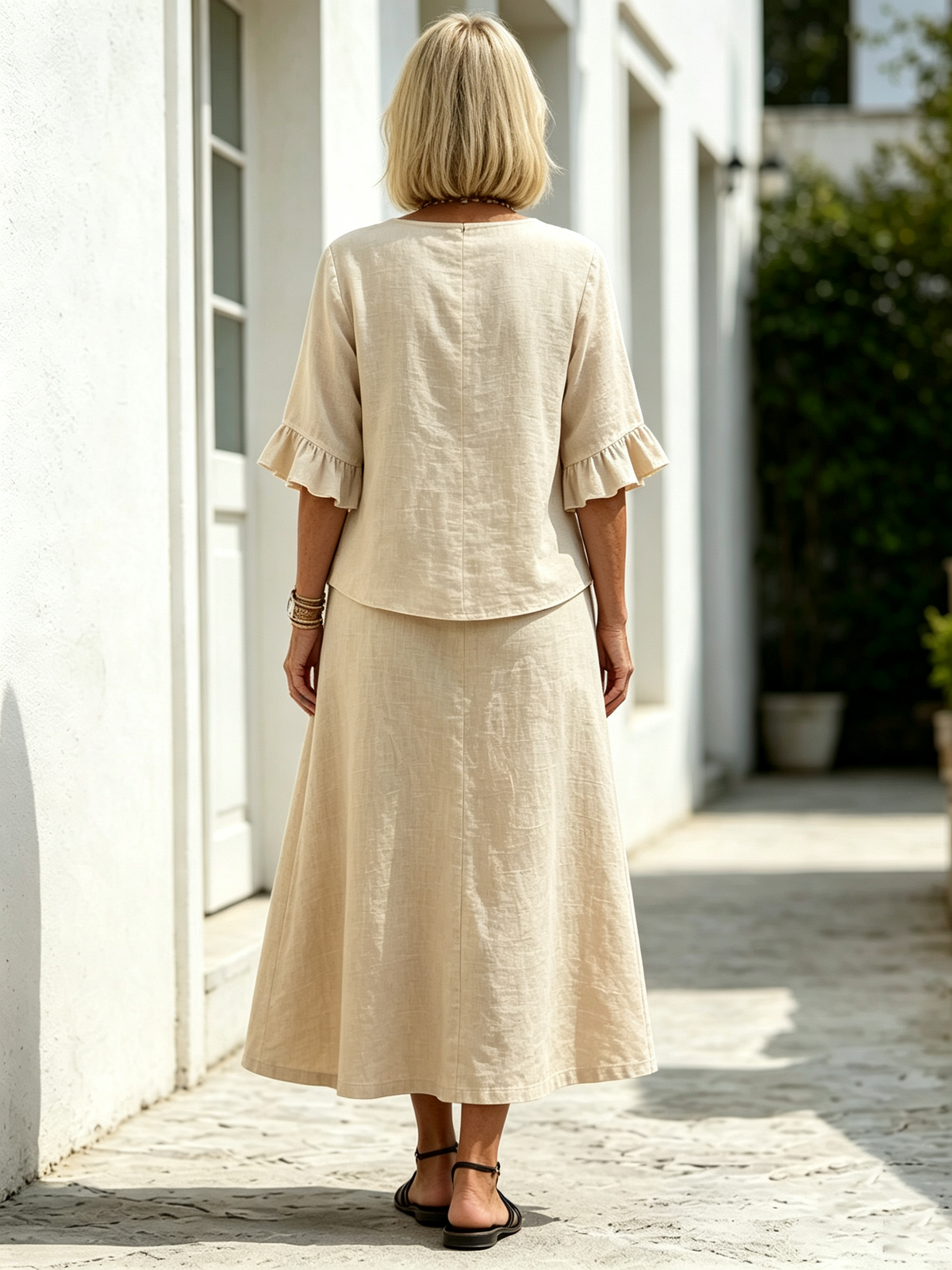 2Pcs Casual Matching Top and Skirt Set, V Neck Button Placket Blouse, Ruffle Edge Seven-quarter Sleeve, Solid Lightweight Linen-like Fabric, Loose A-line Midi Skirt, Relaxed Fit Co-Ord Outfit for Daily Wear and Vacation