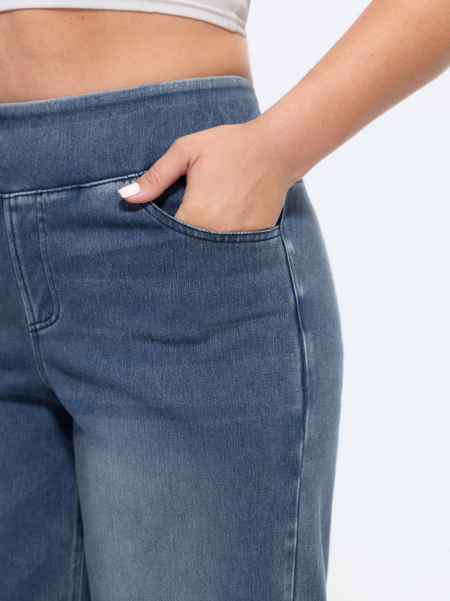 Stretchy Pull-On Wide-Leg Knit Jeans