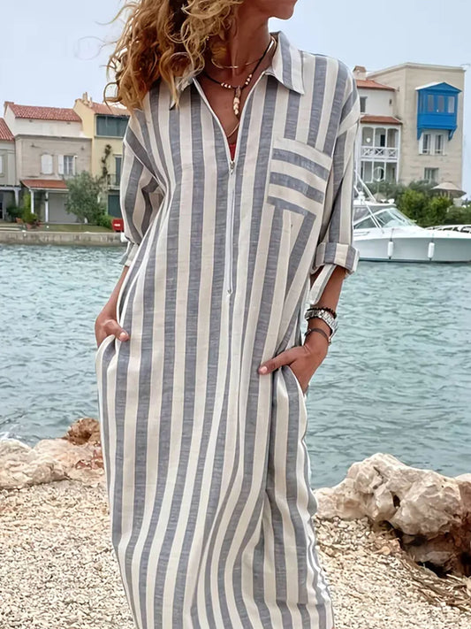 Women's Casual Lapel Long Sleeve Striped Print Dress