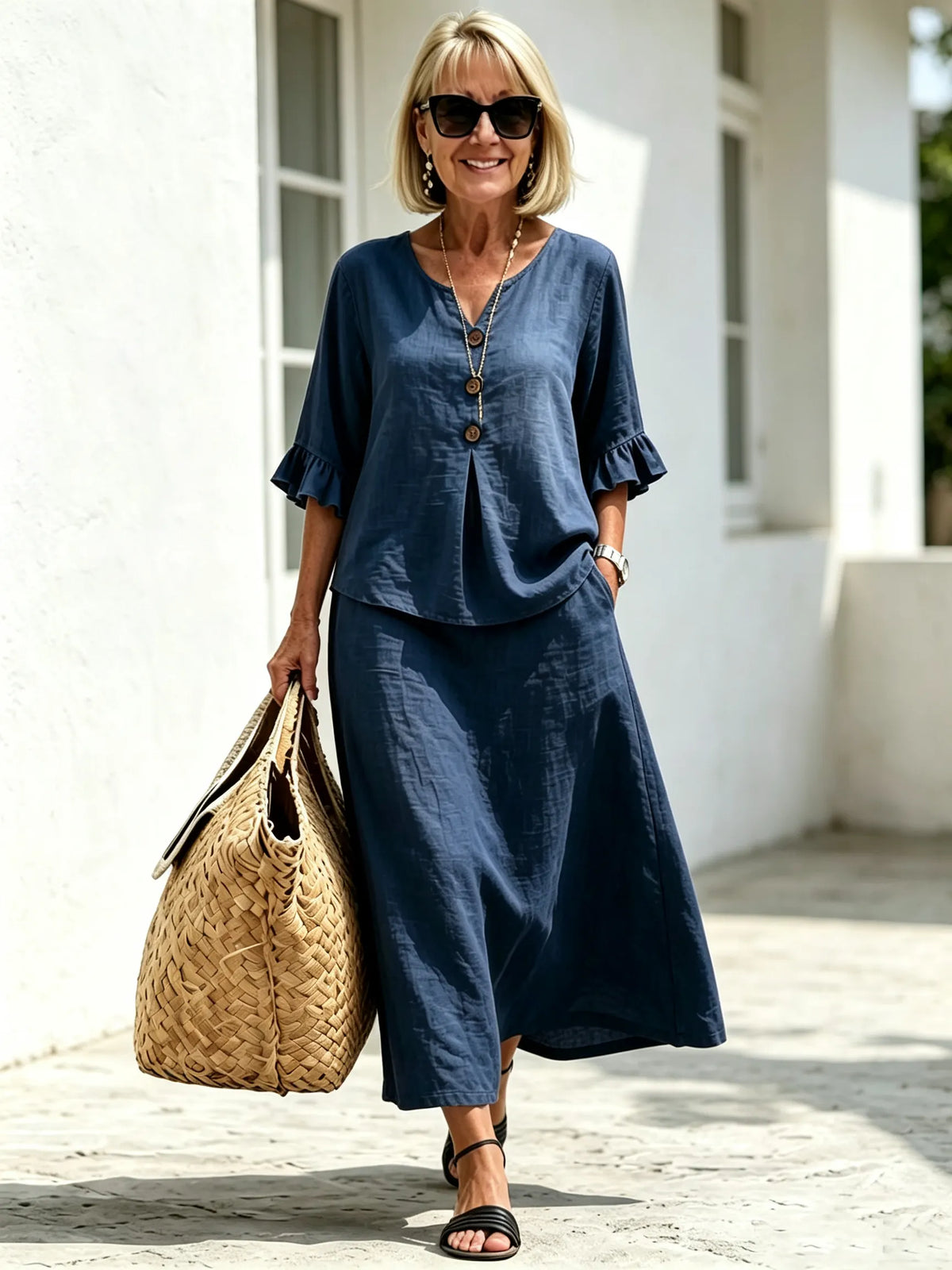 2Pcs Casual Matching Top and Skirt Set, V Neck Button Placket Blouse, Ruffle Edge Seven-quarter Sleeve, Solid Lightweight Linen-like Fabric, Loose A-line Midi Skirt, Relaxed Fit Co-Ord Outfit for Daily Wear and Vacation