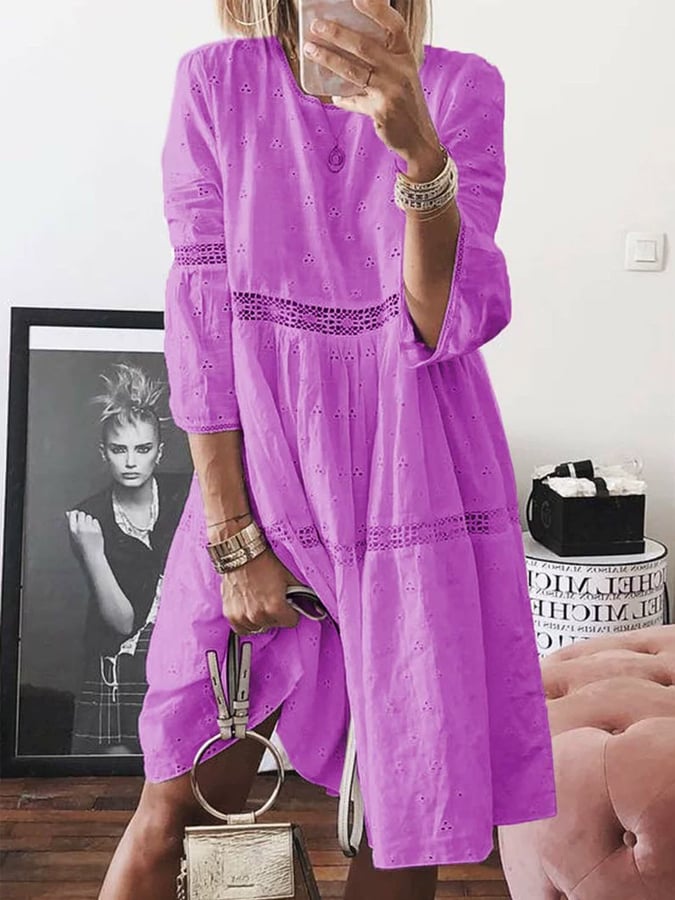 Women'S Lace Patchwork Hollow Embroidery Three-Quarter Sleeve Dress