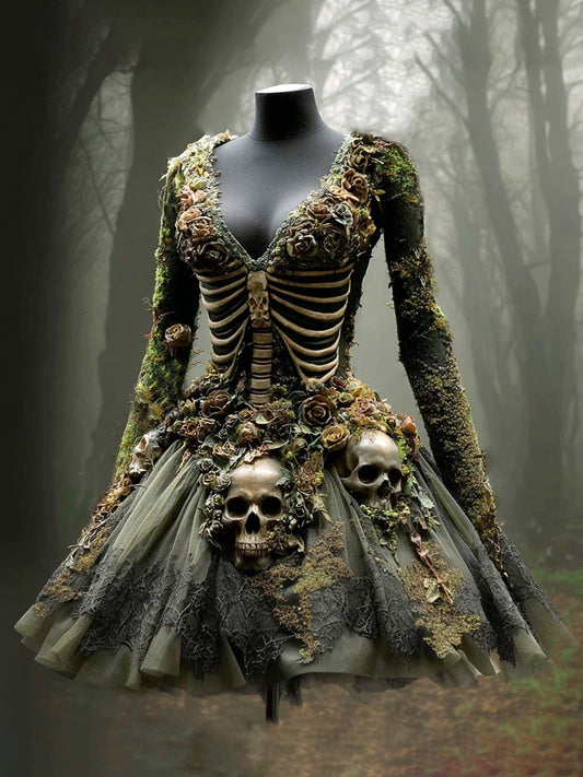 Women's Halloween Skull Flowers Moss Witch Midi Dress