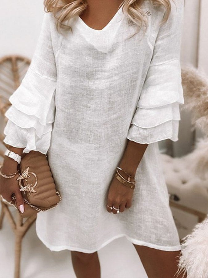Women'S Solid Color V-Neck Three-Quarter Sleeve Ruffled Cotton And Linen Dress