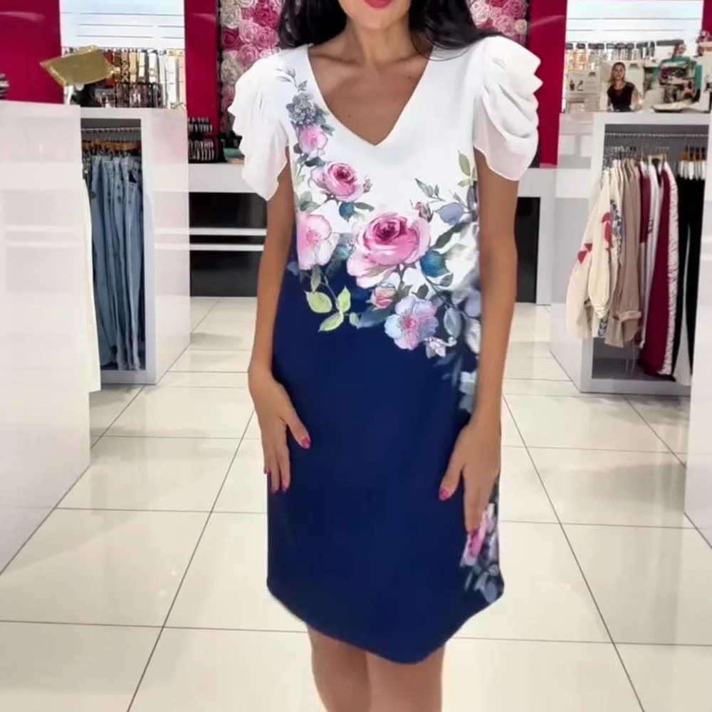 Women's V Neck Rose Irregular Print Dress