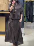 Women'S Casual Solid Color Round Neck Three-Quarter Sleeve Cotton And Linen Dress Set