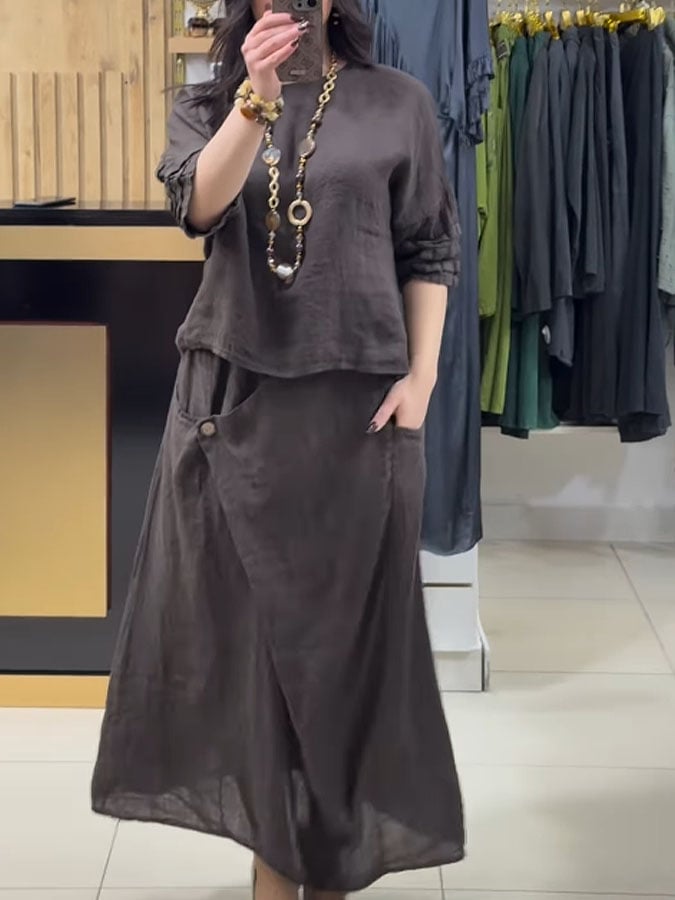 Women'S Casual Solid Color Round Neck Three-Quarter Sleeve Cotton And Linen Dress Set