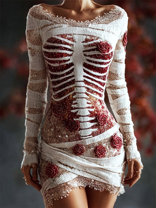 Halloween Bloody Red Roses Rib Cage Lace Comfy Mini Dress