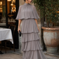 Tiered Pleated Cape Maxi Dress