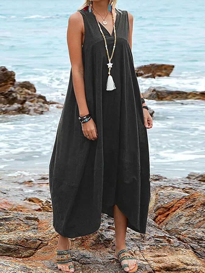 Women's Casual Solid Color V-Neck Pocket Dress