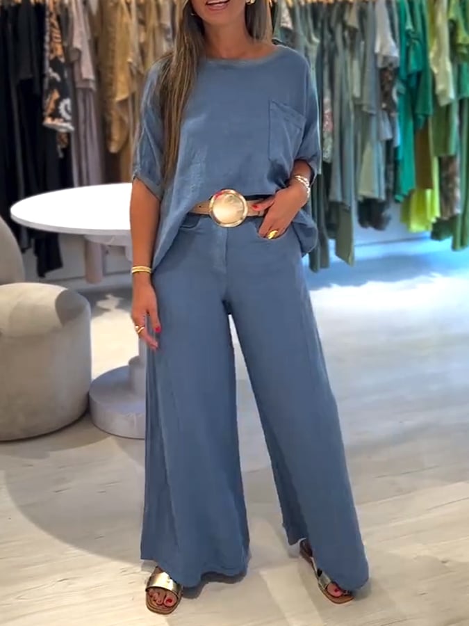 Women's Casual Solid Top and Wide Leg Pants Set