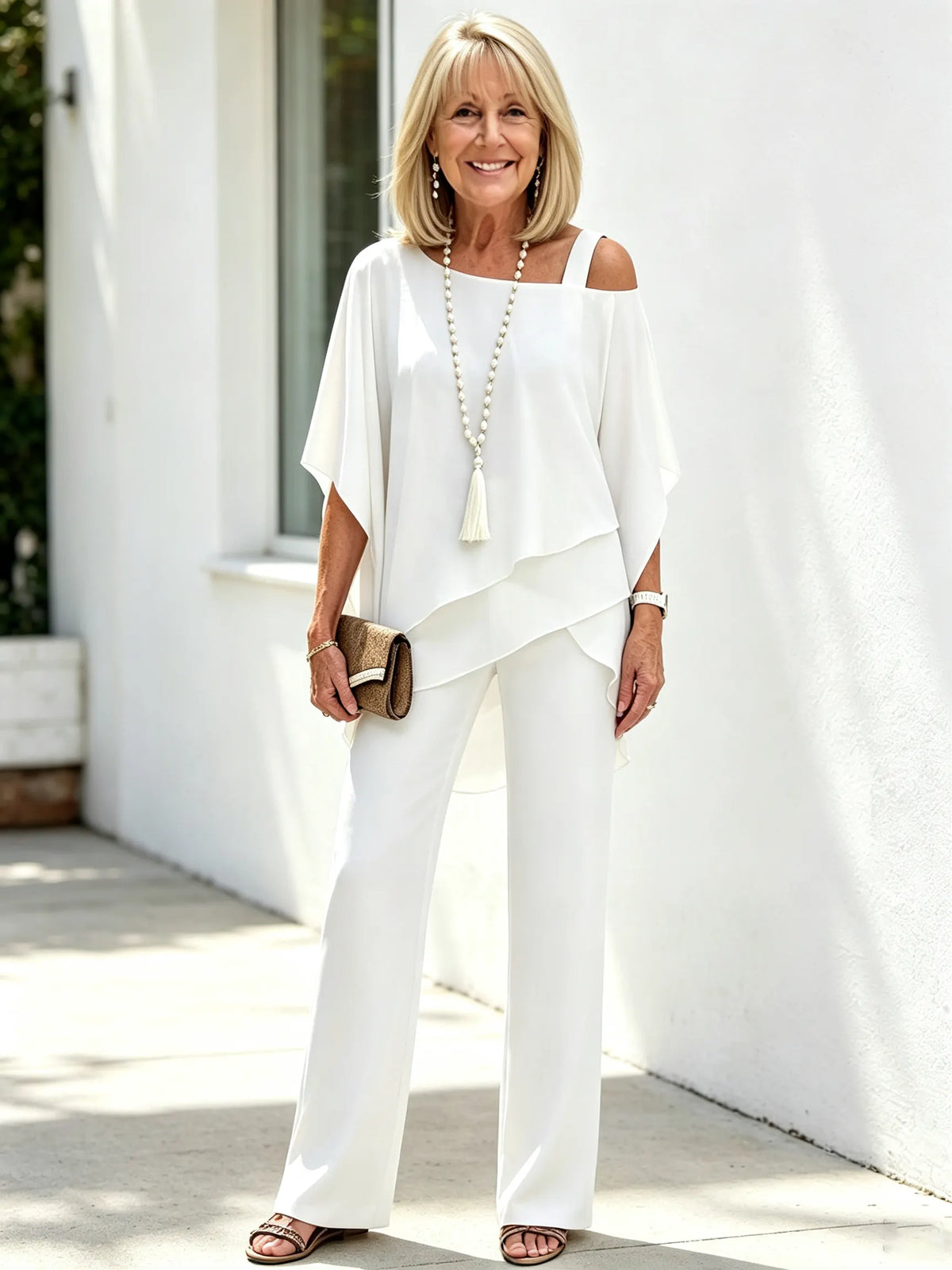 2 Piece Outfit Set, Cold Shoulder Asymmetrical Chiffon Batwing Sleeve Top, Irregular Layered Hem, High Waist Wide Leg Long Trousers, Lightweight Sheer Fabric, Elegant Flowy Pant Suit for Wedding, Banquet and Formal Events