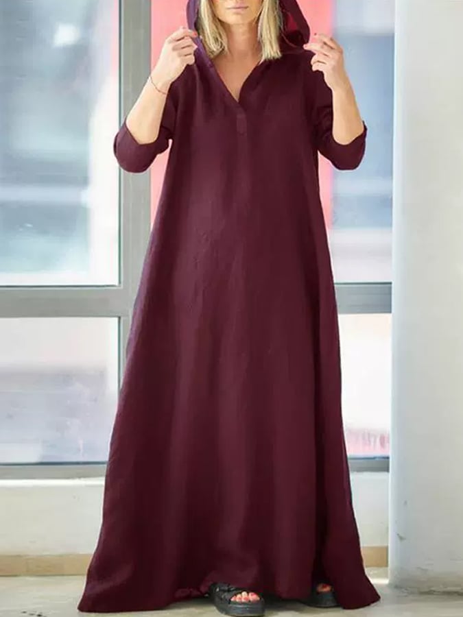 Women's Casual Solid Color Vintage Hooded Pullover Dress