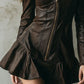 Brown Eco Leather Fitted Zip-Up Mini Dress With Flared Hem