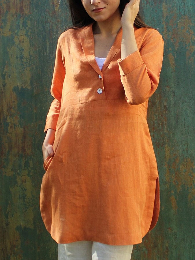 Women'S Casual Solid Color Cotton And Linen Lapel Shirt