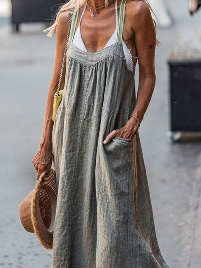 Women's Casual Solid Color Cotton and Linen Dress