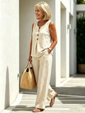 2Pcs Cotton and Linen V-neck Button Sleeveless Vest Top Set Two-piece Set
